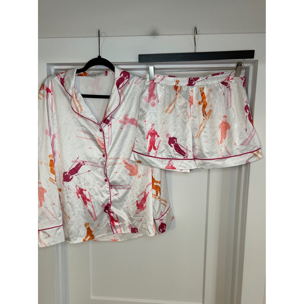 SheShow Women Small Satin Pajama Set Pink White Skier Print Long Sleeve Shorts